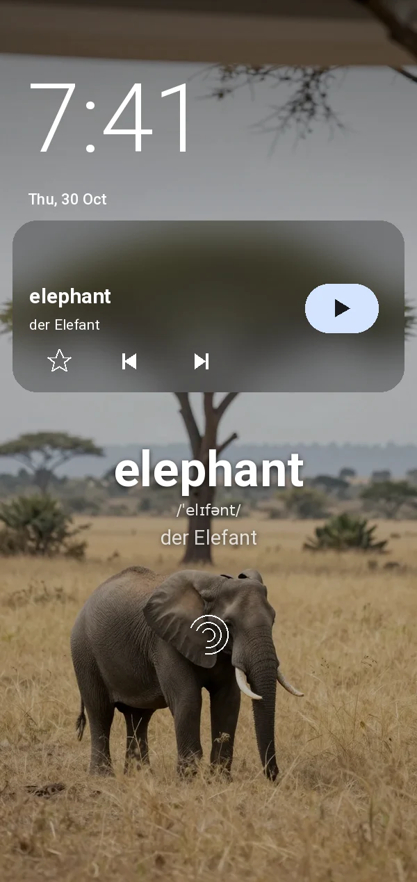 Peekabulary on a lock screen: the English word factory with its pronunciation, the German translation die Fabrik and a matching photo